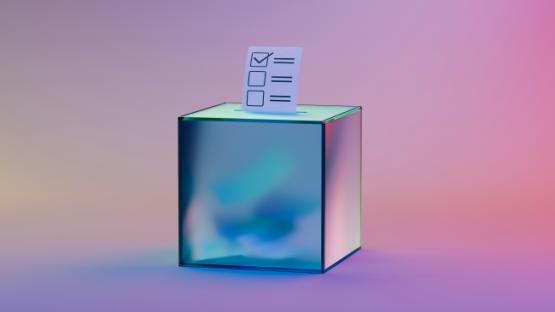 Metallic blue ballot box with voting ballot sliding in against pink-purple background