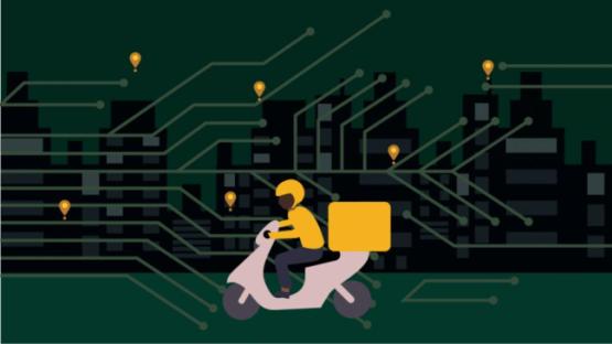 Delivery driver on a motorcycle with digital nodes in the background.