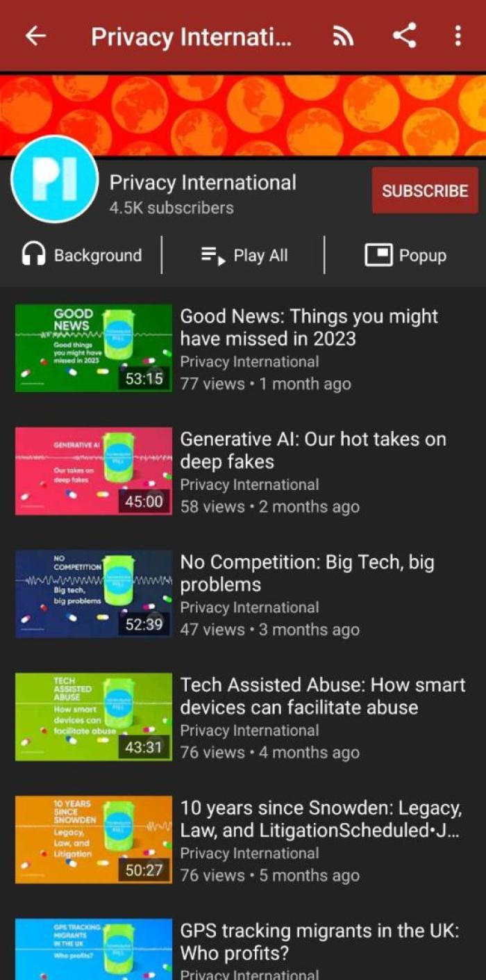 NewPipe on Android showing PI's YouTube channel