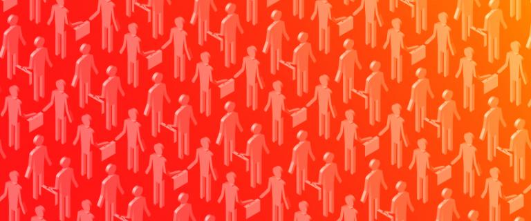 Repeating pattern of boxy illustrated people exchaning briefcases