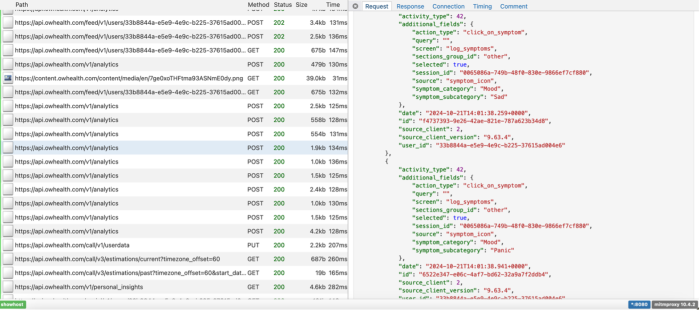 A screenshot of Flo in the Data Interception Environment - "symptom_category":  "Mood" and "symptom_subcategory": "Sad" are highlighted