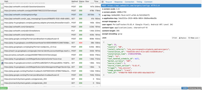 Screenshot of Flo data in the DIE includes information such as "age": 31, "country": GB and "install_referrer", "lang", and others.