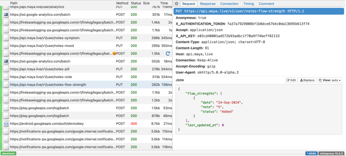 A screenshot of data in the DIE - a request from the Maya API is highlighed, the information requested includes "flow_strengths", and within that "date": "24-Sep-2024", "note": "5", "status": "Added"