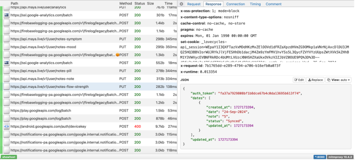 A screenshot of the response to the above request as displayed in the data interception environment, it now says "status":  "Synced"
