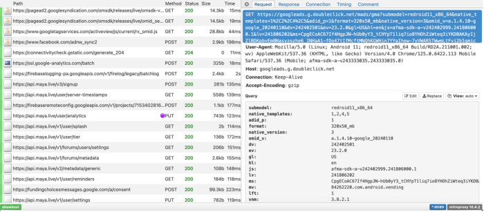 A screenshot of a Google Ads request in the DIE, the request includes information such as submodel: redroid11_x86_64, adid_p: 1 and format: 320x50_mb
