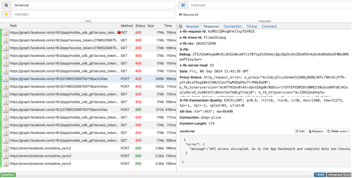 A response from Facebook to Maya - captured by the DIE - which includes an error message: "API access disrupted. Go to the App Dashboard and complete Data Use Checku...