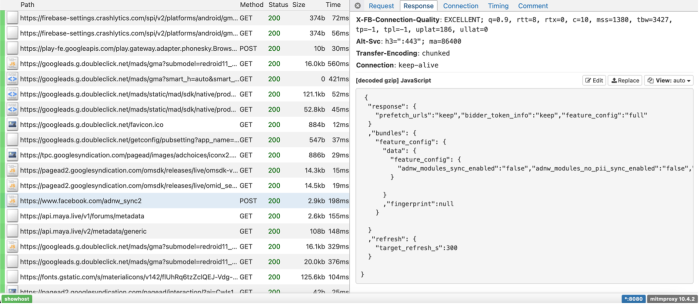 Response request intercepted by the DIE, it is a request from Maya to Facebook's ad network, it includes "feature_config": "adnw_modules_sync_enabled: "false", "adnw_modules_no_pii_sync_enabled":"false"