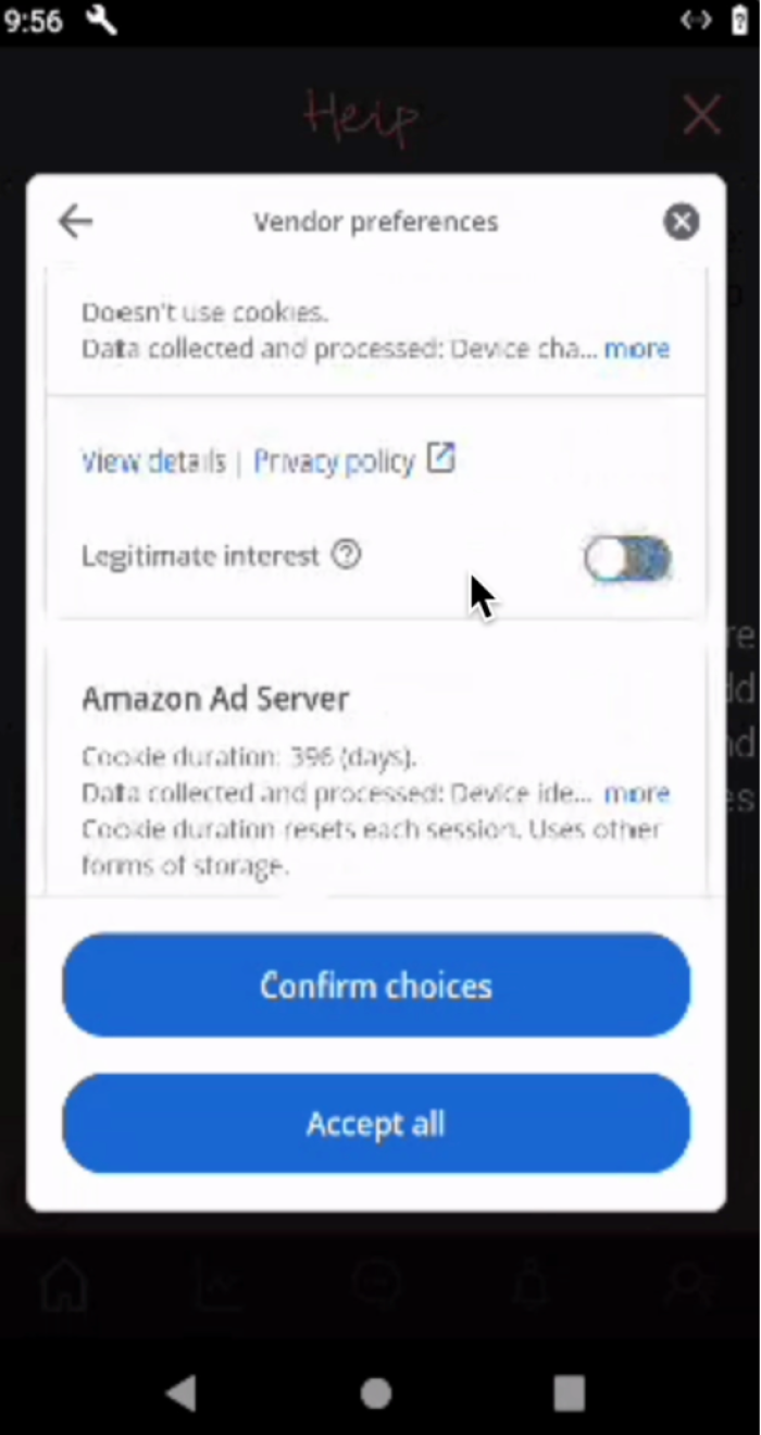 A screenshot of the vendor preferences form - it includes information on the Amazon Ad Server such as 'cookie duration' and 'Data collected and processed' 