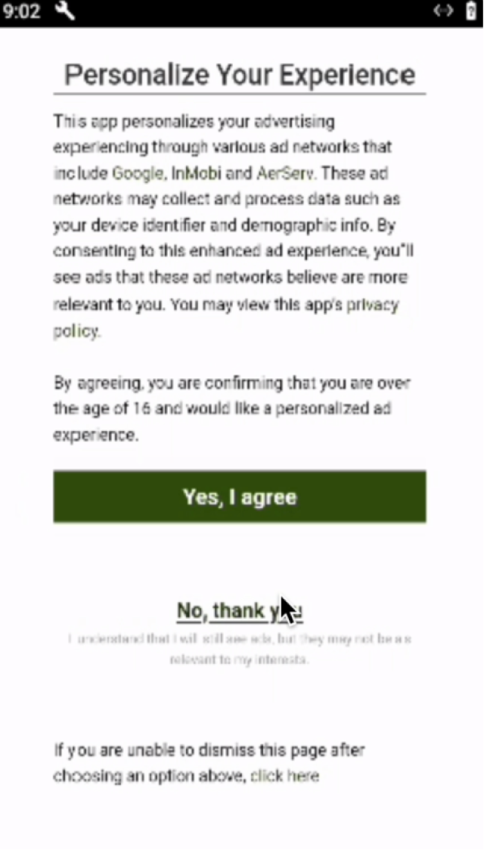 A screenshot of an in-app consent page titled Personalize Your Experience. A cursor hovers over 'No, thank you'.