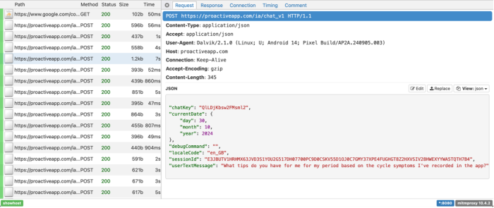 Data logs from the DIE, a proactiveapp.com request is highlighted. It includes "chatKey", "currentDate", "sessionId" and a "userTextMessage": "What tips do you have for me for my period based on the cycle symptoms I've recorded in the app?"