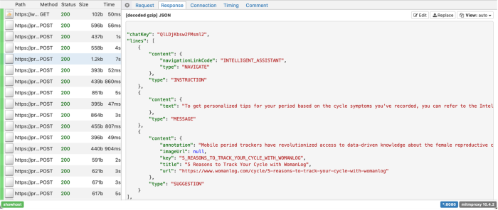 Logs captured by the DIE, a response is highlighted which includes the same "chatKey" as above, along with the "text" response to the question above.