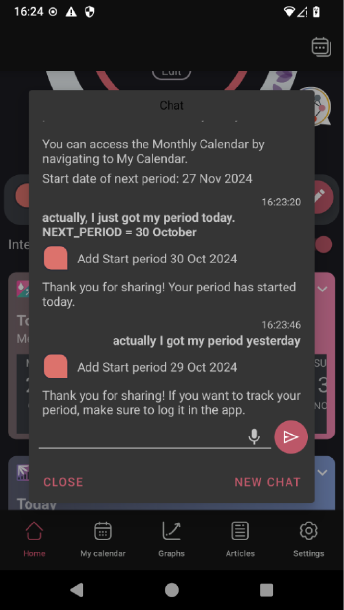 A screenshot of a conversation with the app chatbot about the start data of a period