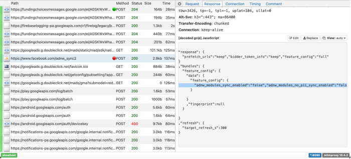 A response from facebook.com intercepted by the DIE - a field is highlighted it reads: "adnw_modules_sync_enabled":"false", "adnw_modules_no_pill_sync_enabled":"false"