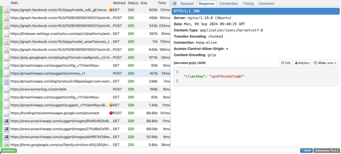 Logs of data intercepted by the DIE, the response to the above request is highlighted. The only data included is a "clientKey"