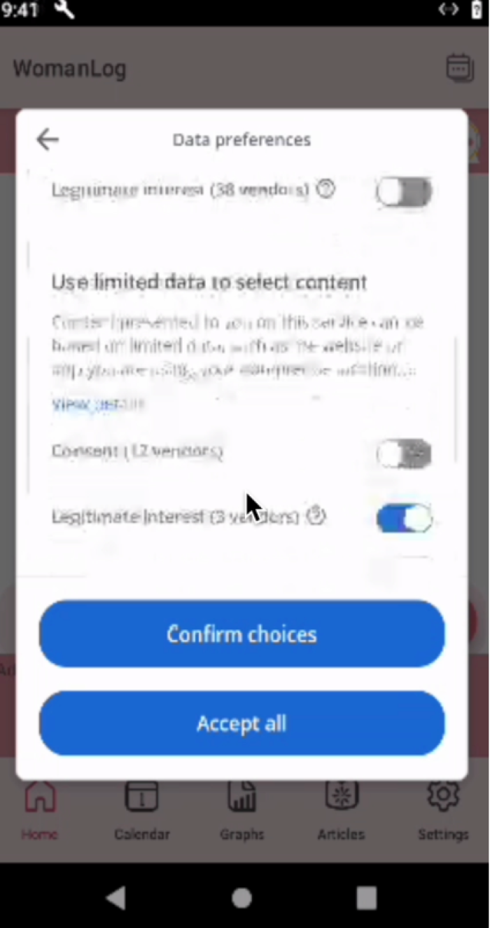 Screenshot of a data preferences screen pop up which comes up when you click 'manage options' on the above pop-up. It includes 'Use limited data to select content'. The options include Consent (12 vendors) and legitimate interest (3 vendors).