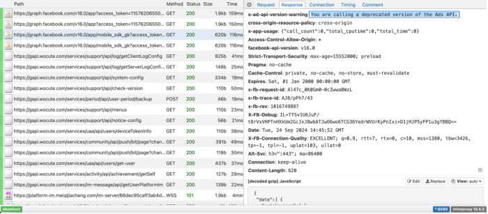 The above intercepted response, with the data in a field called x-ad-api-version-warning highlighted. It reads You are calling a deprecated version of the Ads API.