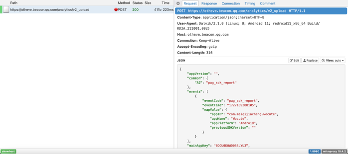 A request captured by the DIE to otheve.beacon.qq.com, it includes information such as an eventCode, eventTime, an appID, appName, appPlatform, and others