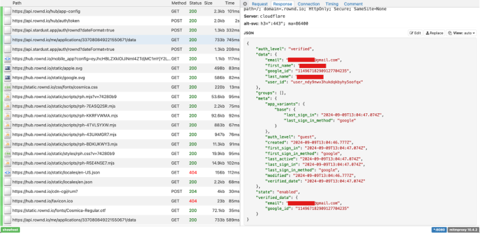 Response from Rownd API intercepted by the DIE, data fields including email (the data in the field has been partially redacted but it is clear it is a gmail email. It also includes firstname, google_id, lastname, user_id and others