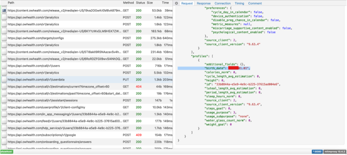 A screen shot of Flo's data in the Data Interception Encironment. A data field called "birth_date" has been highlighted. 