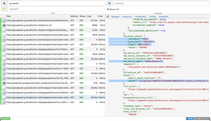 Screenshot of data from the DIE filtered by googleads, one entry is highlighted which includes "currency": "USD", "precision": "PRECISE", "type" : "ONE_PIXEL", "ad_source_name": "AdMob Network", and a "pubid"