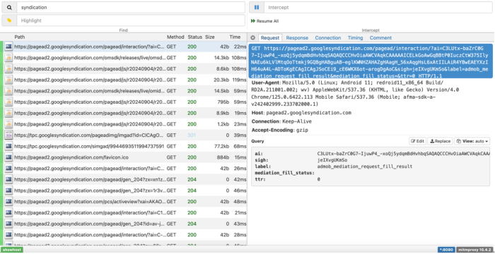 Screenshot of data from the DIE filtered by syndication, entry highlighted is a GET Google Ads call.