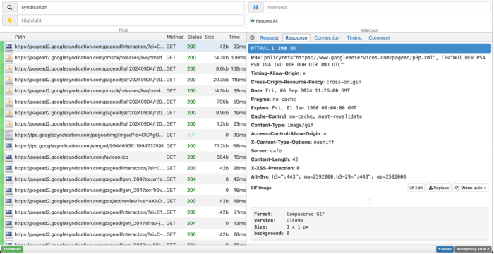 Screenshot of data from the DIE filtered by syndication, entry highlighted is a request response to a Google Ads call