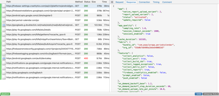 Screenshot of data in DIE - a response to Firebase Crashlytics, highlighted is the response which includes fields such as "firebase_crashlytics_enabled"