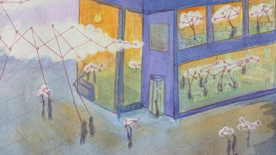 An impressionistic drawing of the exterior of a building. There are clouds of network connections all around the building and inside.