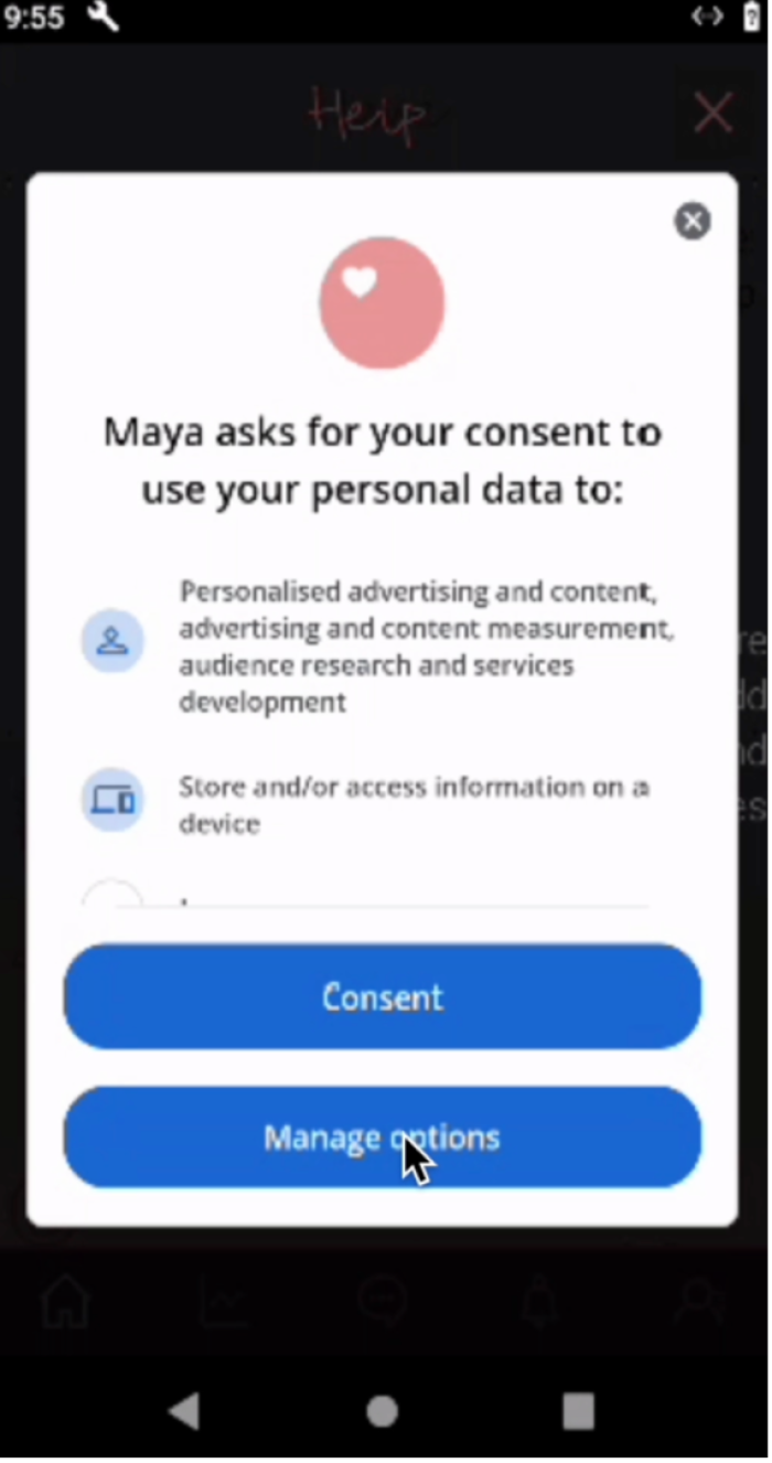 A screenshot of a consent pop-up, a cursor hovers over 'manage options'