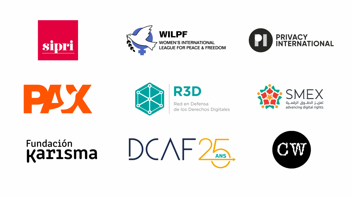 Logos of SIPRI, WILPF, PI, SMEX, R3D, PAX, Fundacion Karismna, DCAF and CW