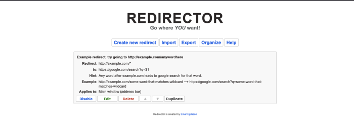 Main page of the Redirector extension.