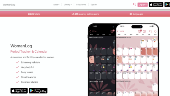 WomanLog's website advertising the period tracker, it claims 20mn downloads and >1.5mn montly users