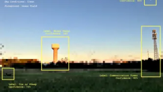 The image features a pixelated landscape with a stretch of grass. There is a water tower in the middle and a communication tower to the right. The image also features a small sun in teh sky and a cow/sheep. These features are all outlined in yellow boxes with percentages indicating the image recognition confidence.
