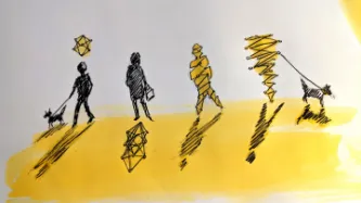 Gold and black sketching of people and dogs symbolising data