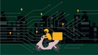 Delivery driver on a motorcycle with digital nodes in the background.