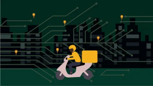 Delivery driver on a motorcycle with digital nodes in the background.