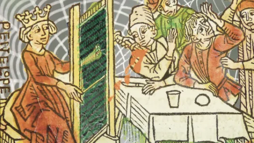 An archival image of a medieval dinner scene. On one side, there is a Penelope (from Greek mythology) weaving, but instead of thread, it is a board of binary code. On the other side, there is a a drink spilling and other figures looking distressed/chaotic.