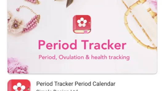 Screenshot of Period Tracker by Simple Design's listing in the Google app store it has a 4.9 star rating