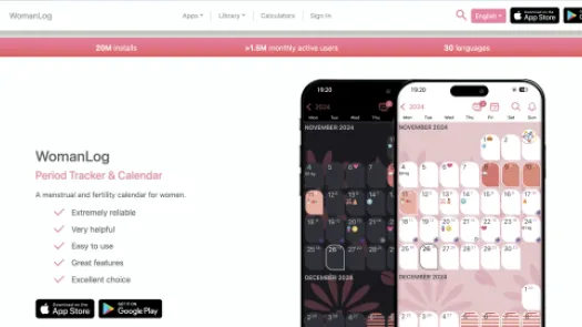 WomanLog's website advertising the period tracker, it claims 20mn downloads and >1.5mn montly users